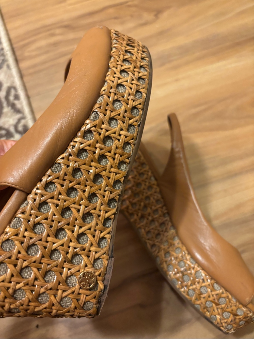 Tory Burch Tan Wedge Sandals with Woven Raffia Detail